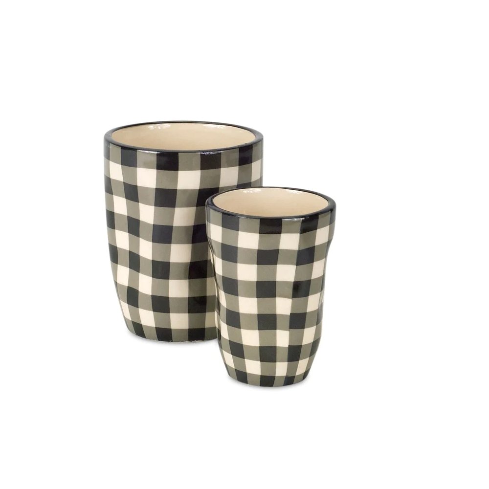 Set of Six Black And Ivory Ceramic 2 Ounce Geometric Round Pot Planters