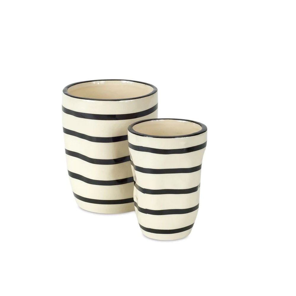 Set of Six Black And Ivory Ceramic 2 Ounce Geometric Round Pot Planters
