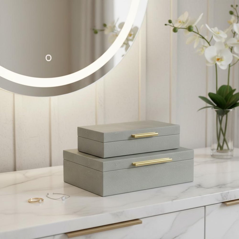 12" Set Of Two Gray Solid Wood Jewelry Box With Decorative Hardware