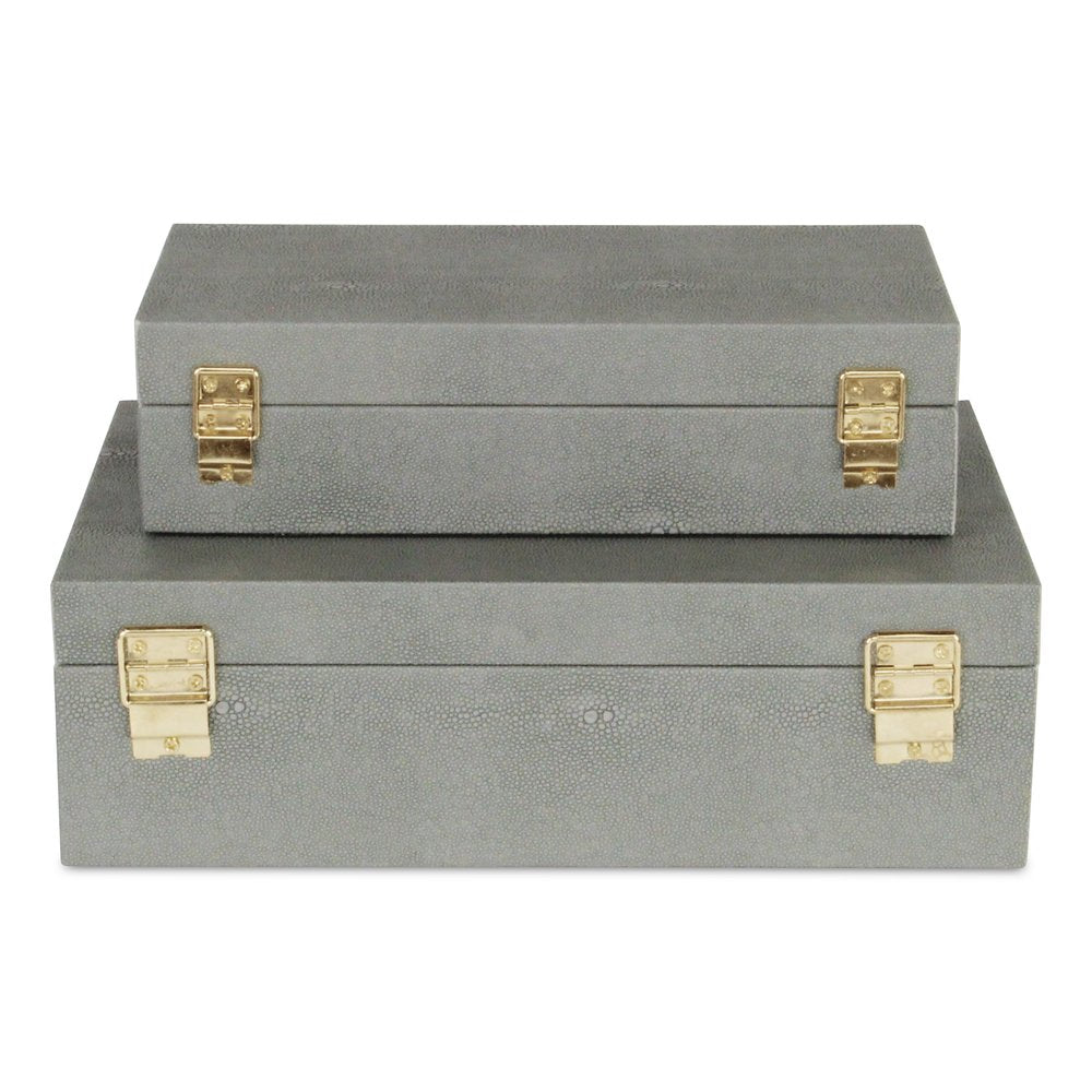 12" Set Of Two Gray Solid Wood Jewelry Box With Decorative Hardware