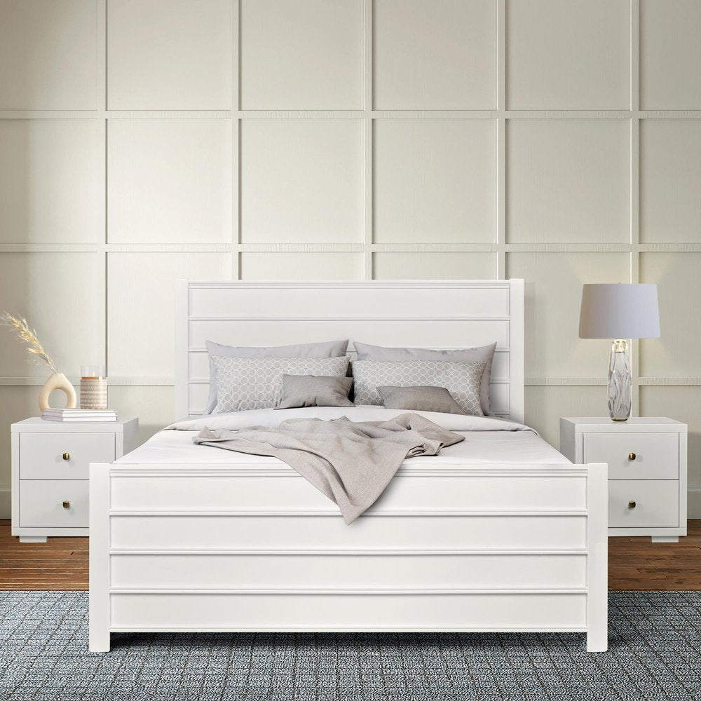 White Shiplap Texture Solid Wood Queen Bed Frame