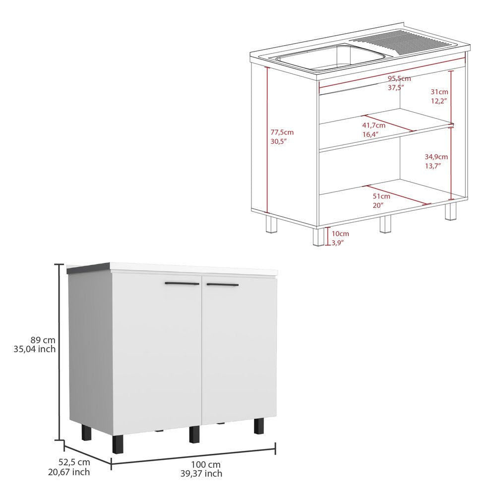 24" X 39" White Stainless Steel and Wood Utility Cabinet With Sink
