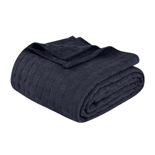 Twin Navy Blue Cotton Plain Weave Geometric Blanket
