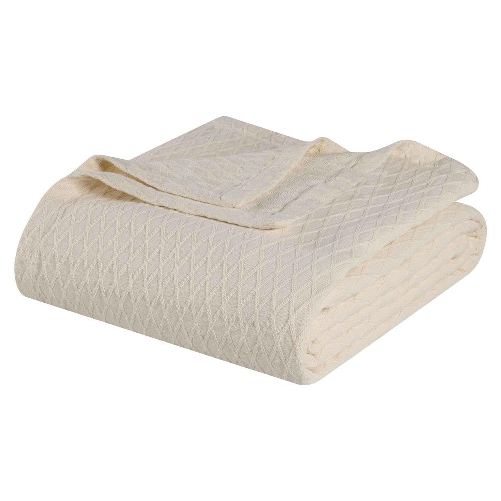 Twin Ivory Cotton Plain Weave Geometric Blanket