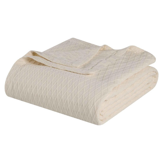 Twin Ivory Cotton Plain Weave Geometric Blanket