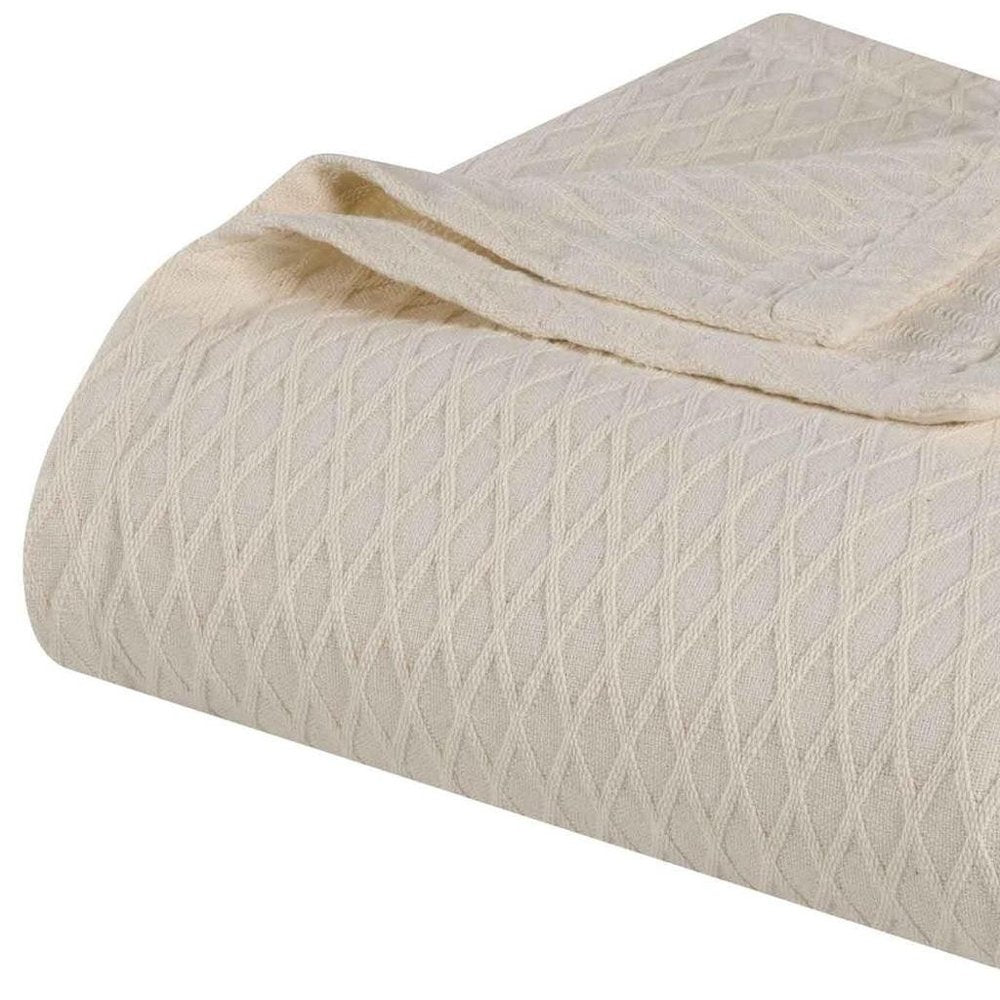 Twin Ivory Cotton Plain Weave Geometric Blanket