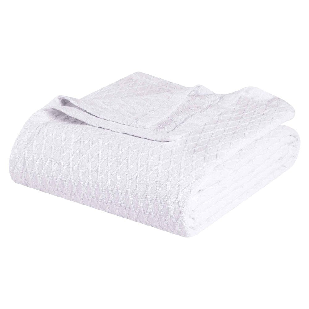 Twin White Cotton Plain Weave Geometric Blanket