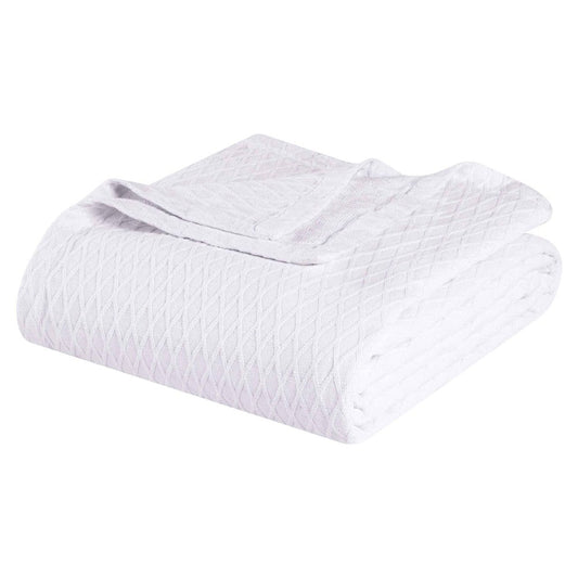 Twin White Cotton Plain Weave Geometric Blanket