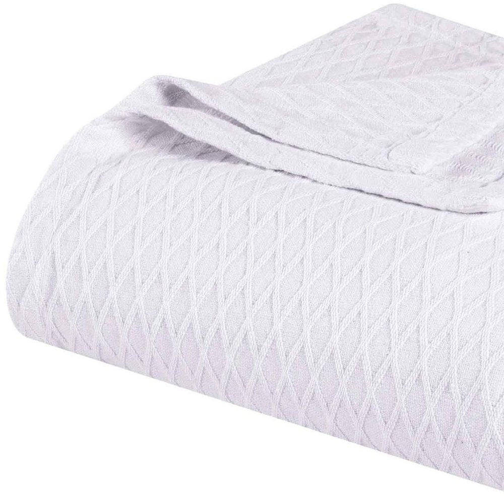 Twin White Cotton Plain Weave Geometric Blanket