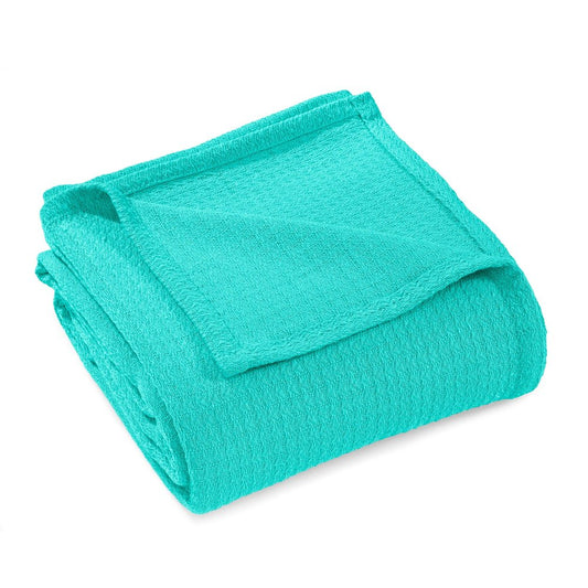 Twin Turquoise Cotton Waffle Weave Blanket