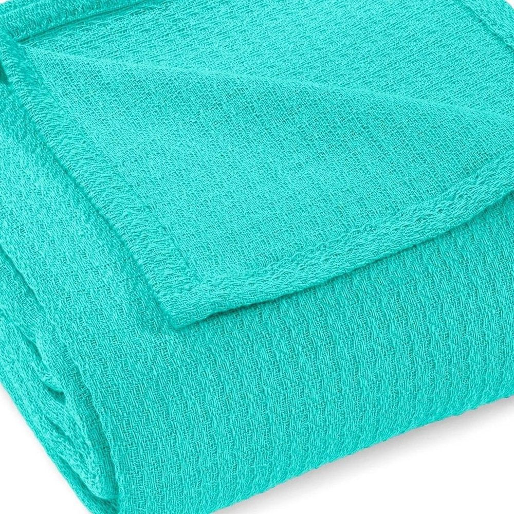 Twin Turquoise Cotton Waffle Weave Blanket