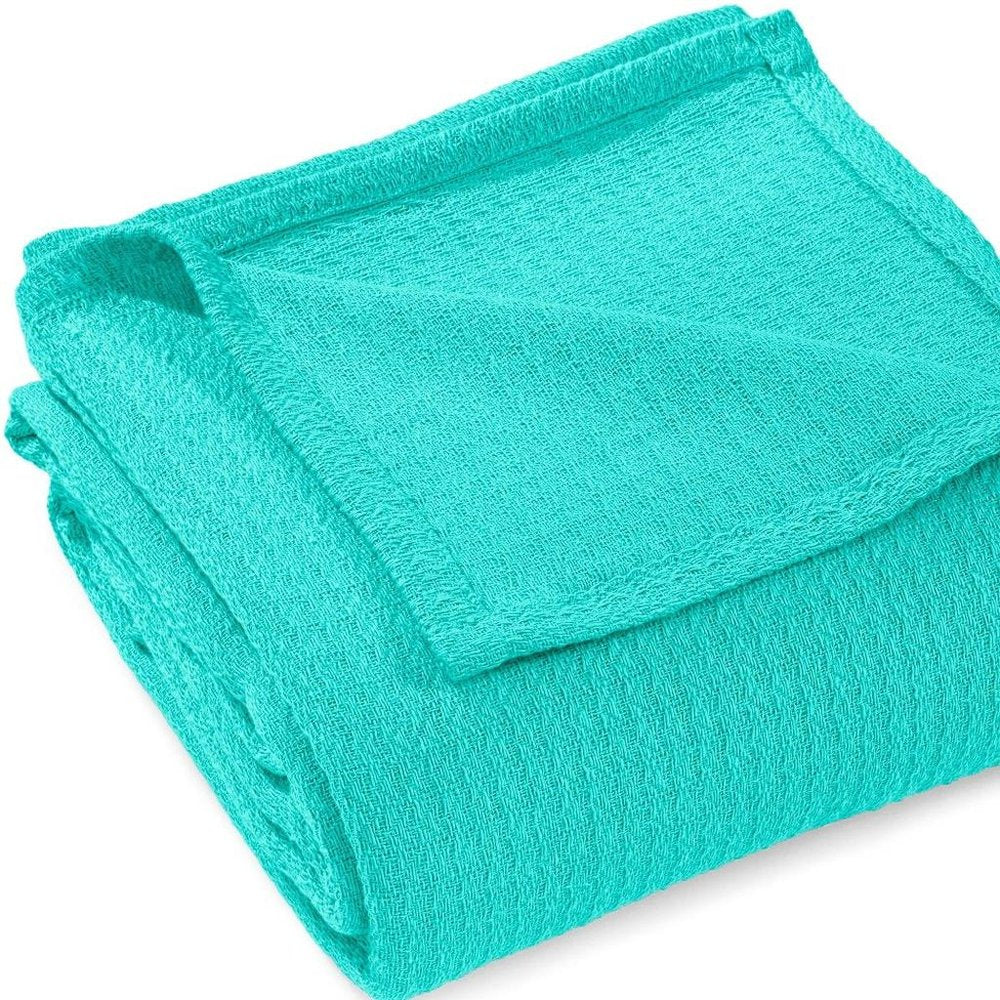 Twin Turquoise Cotton Waffle Weave Blanket