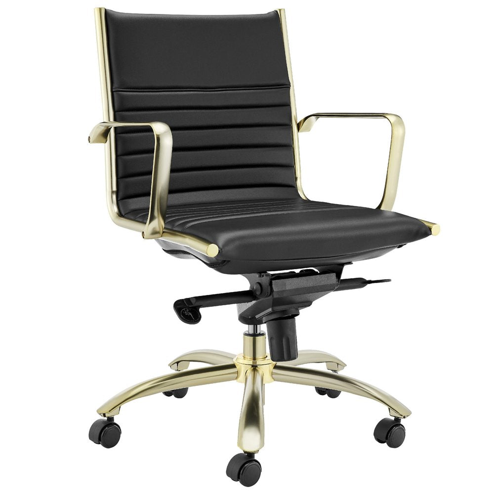 Black and Gold Steel and Faux Leather Adjustable Swivel Rolling Conference Office Chair