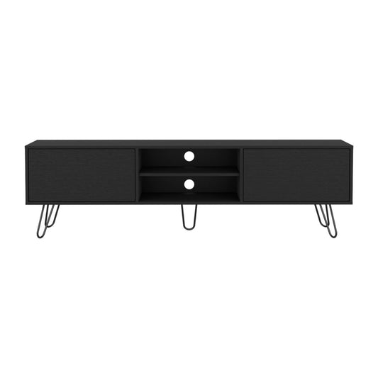 71" Black Wood Enclosed And Open Storage TV Stand