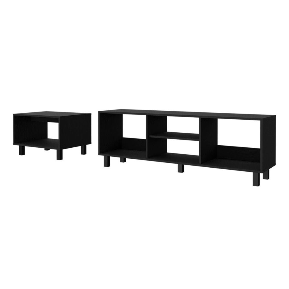 Set Of Two Black Wood Coffee Tables With Four Shelves