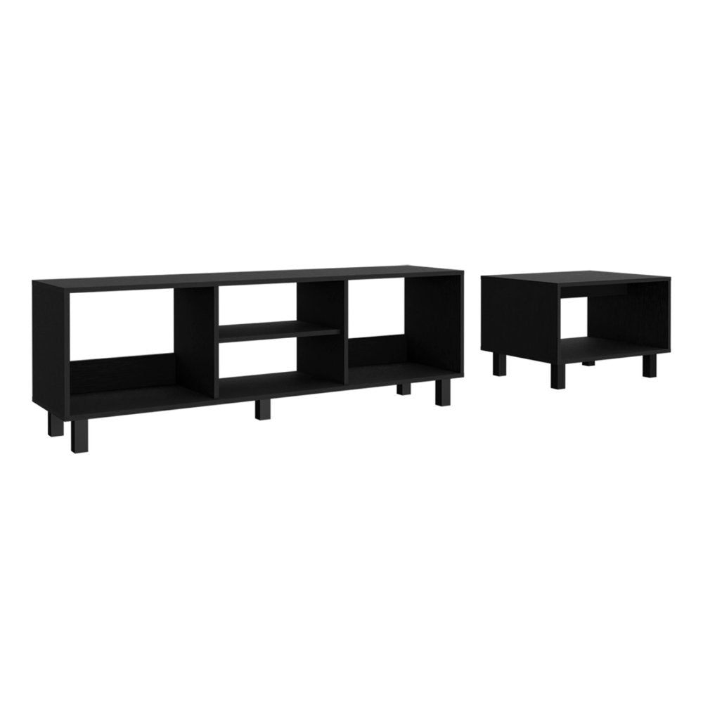 Set Of Two Black Wood Coffee Tables With Four Shelves