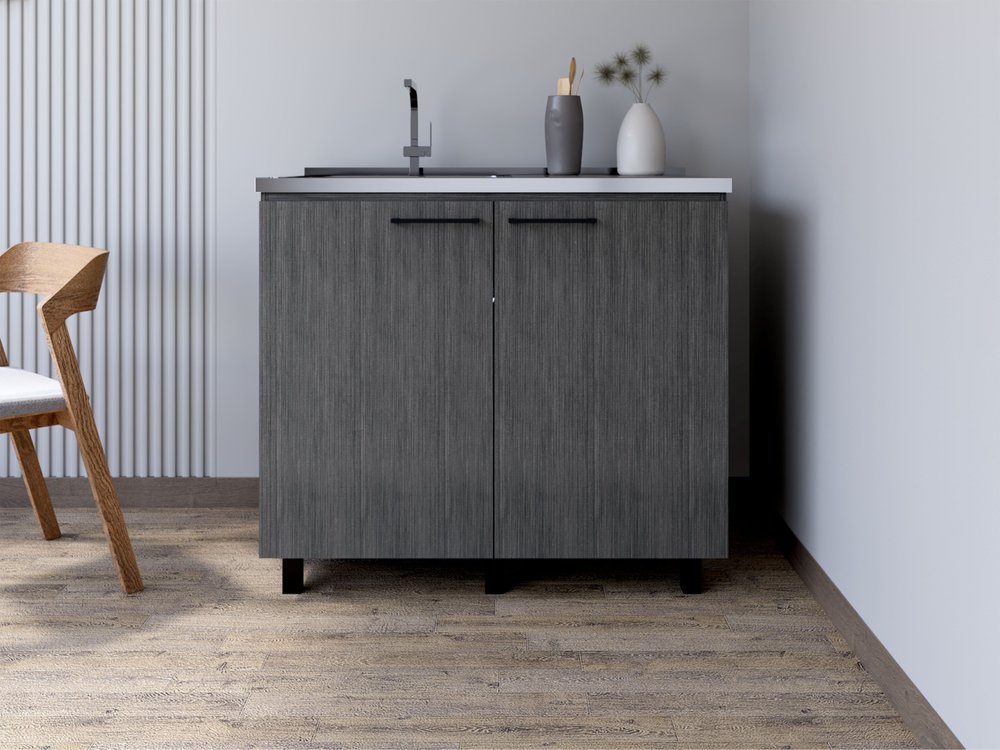 35" X 39" Dark Gray And Silver Stainless Steel and Wood Utility Cabinet With Sink