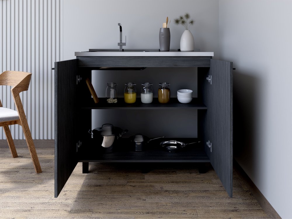 35" X 39" Dark Gray And Silver Stainless Steel and Wood Utility Cabinet With Sink