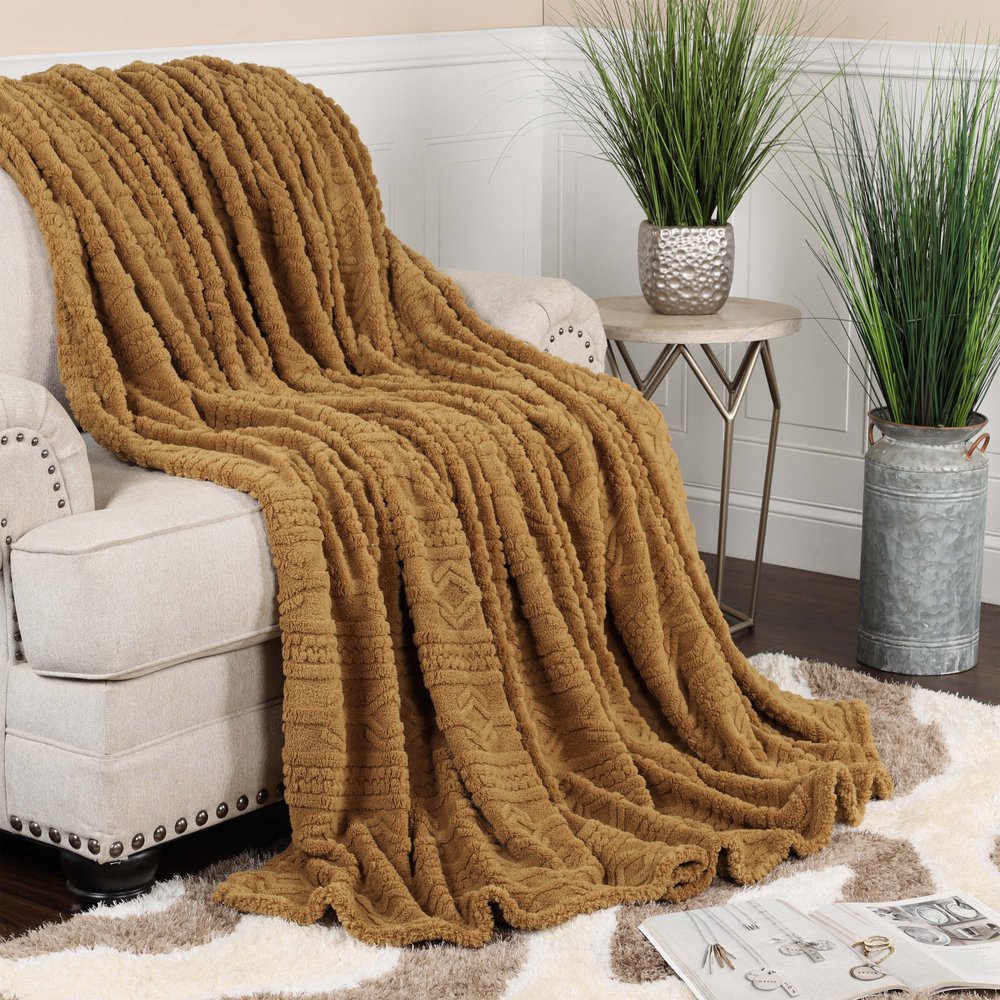 Twin Camel Geometric Fleece Woven Plush Blanket