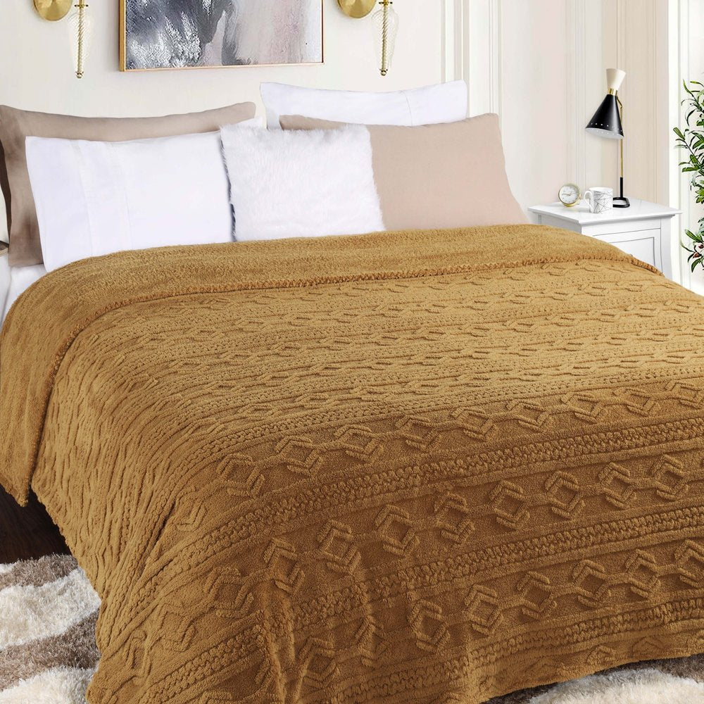 Twin Camel Geometric Fleece Woven Plush Blanket