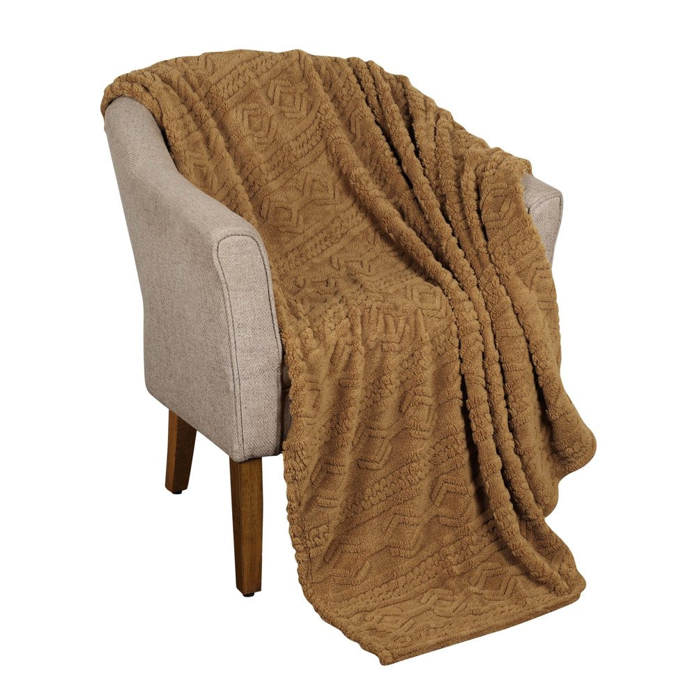 Twin Camel Geometric Fleece Woven Plush Blanket
