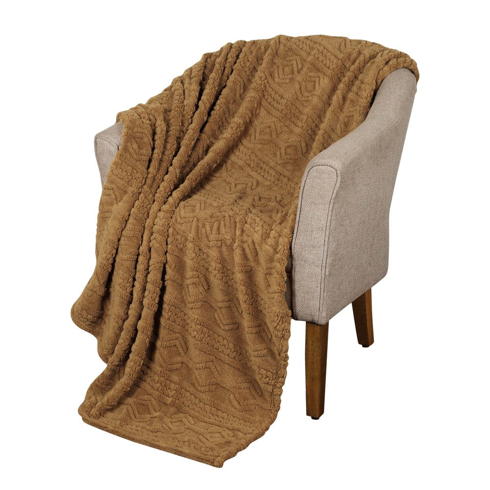 Twin Camel Geometric Fleece Woven Plush Blanket