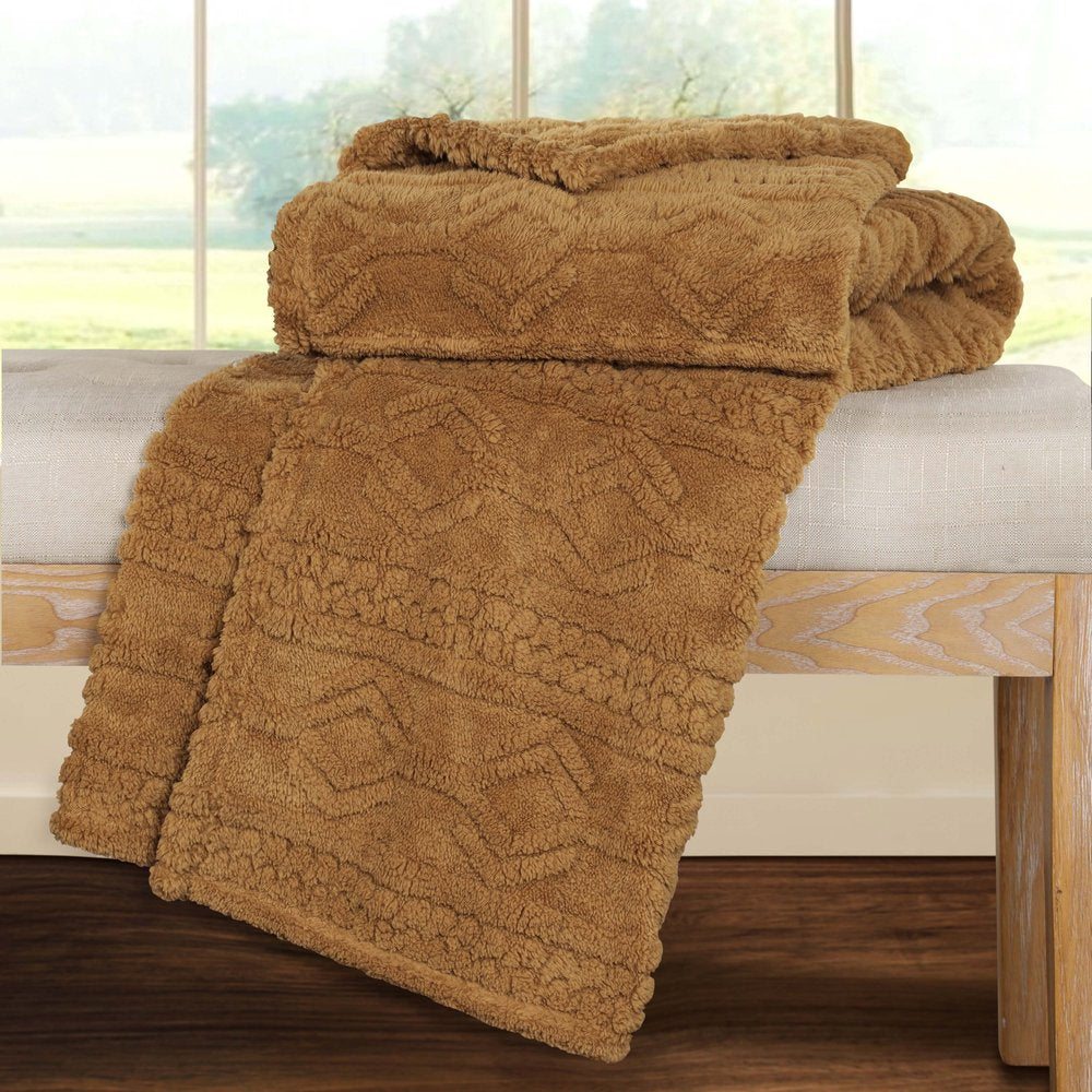 Twin Camel Geometric Fleece Woven Plush Blanket