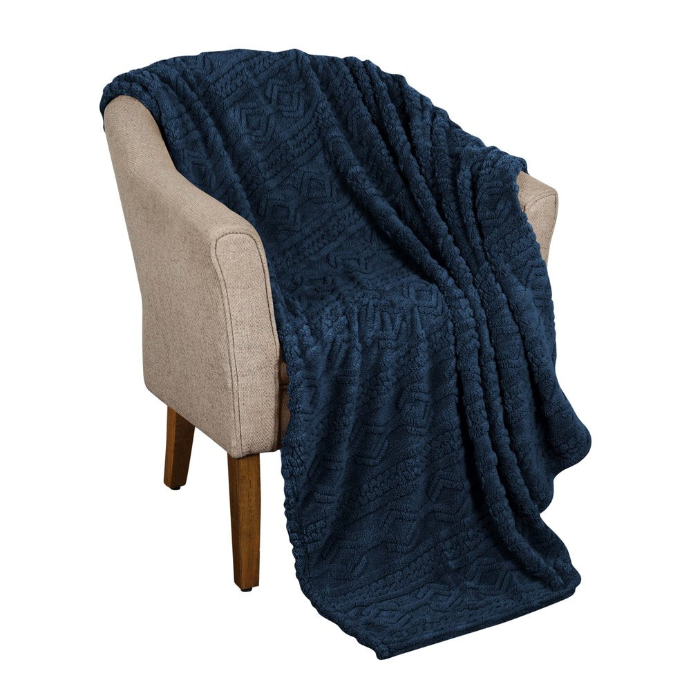 Twin Navy Blue Geometric Fleece Woven Plush Blanket