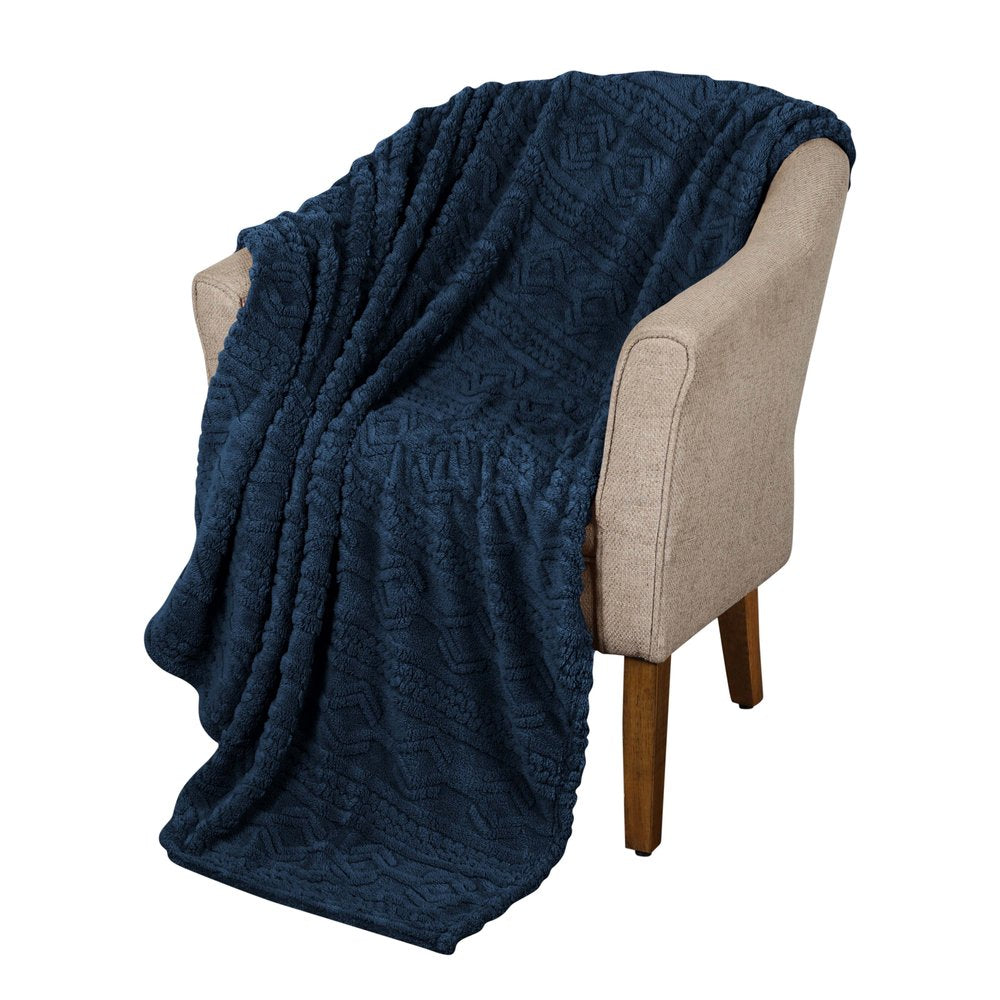 Twin Navy Blue Geometric Fleece Woven Plush Blanket
