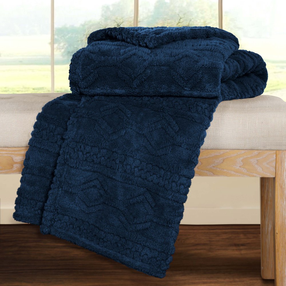 Twin Navy Blue Geometric Fleece Woven Plush Blanket