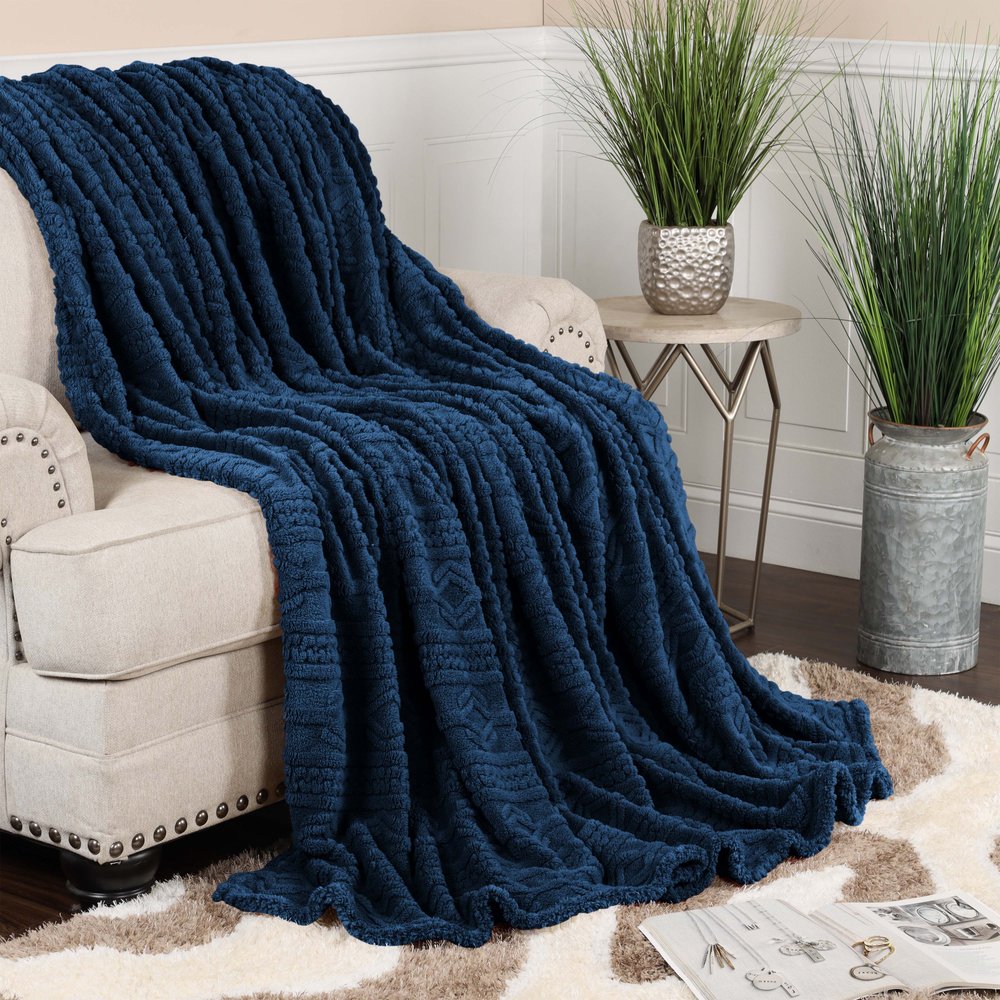Twin Navy Blue Geometric Fleece Woven Plush Blanket