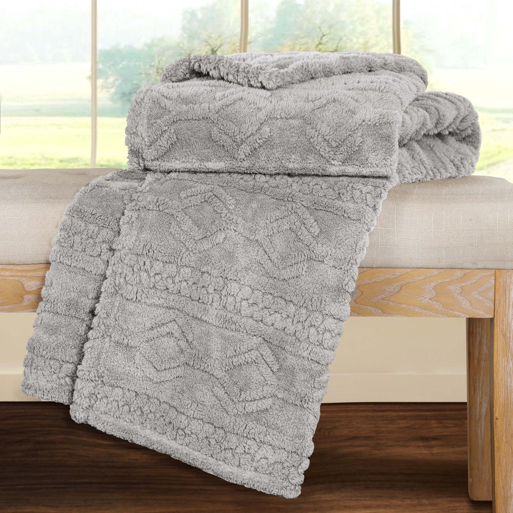 Twin Platinum Geometric Fleece Woven Plush Blanket