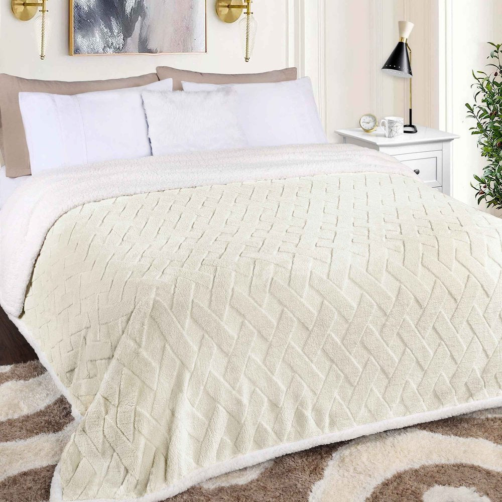 Twin Ivory Geometric Fleece Woven Plush Blanket