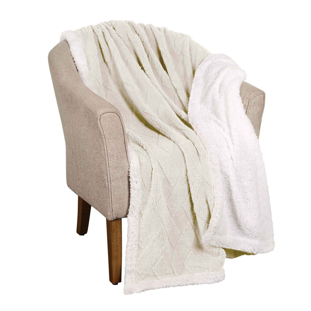 Twin Ivory Geometric Fleece Woven Plush Blanket