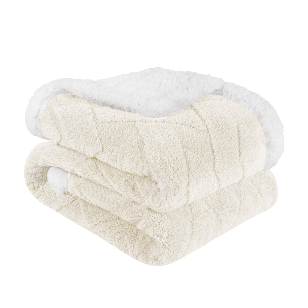 Twin Ivory Geometric Fleece Woven Plush Blanket