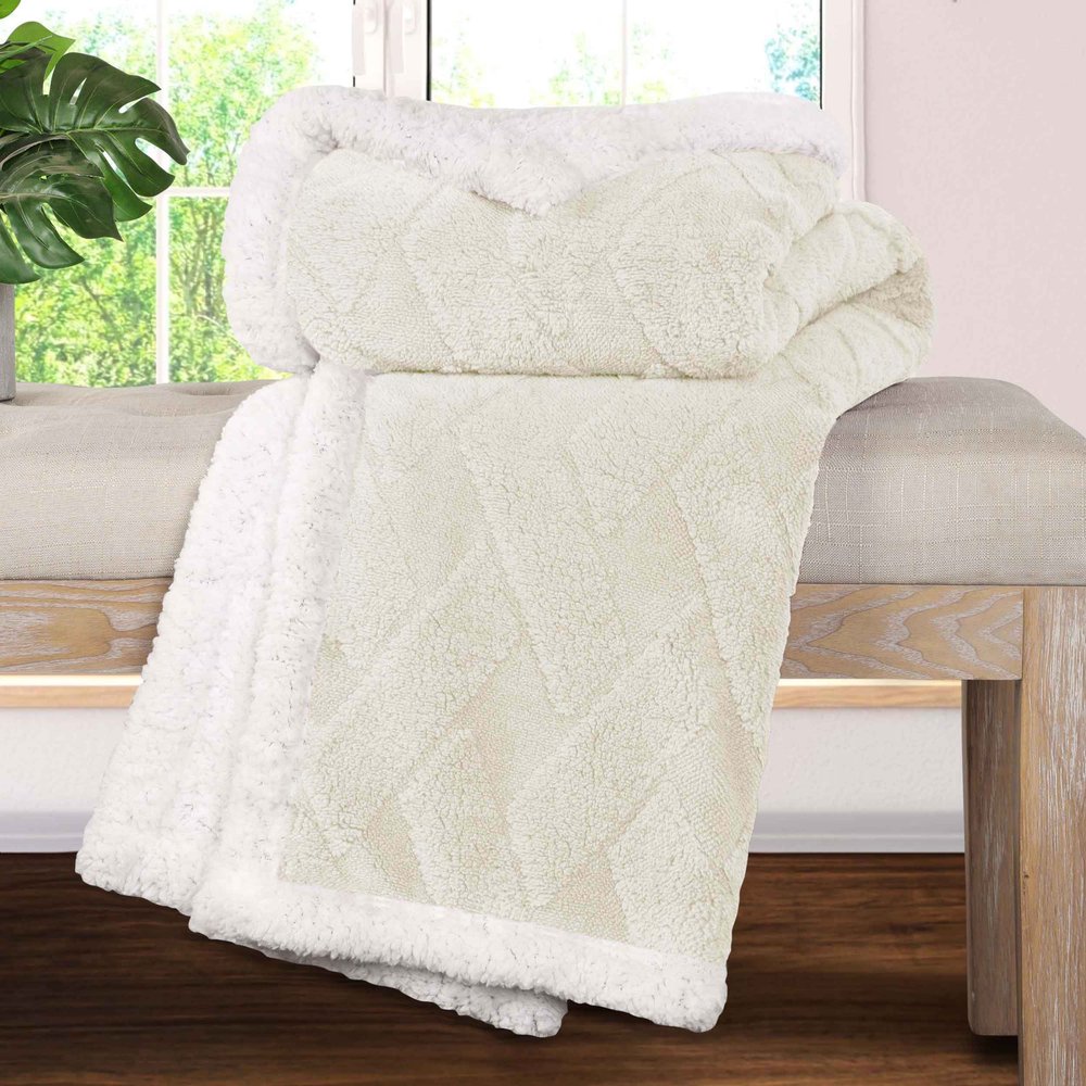 Twin Ivory Geometric Fleece Woven Plush Blanket