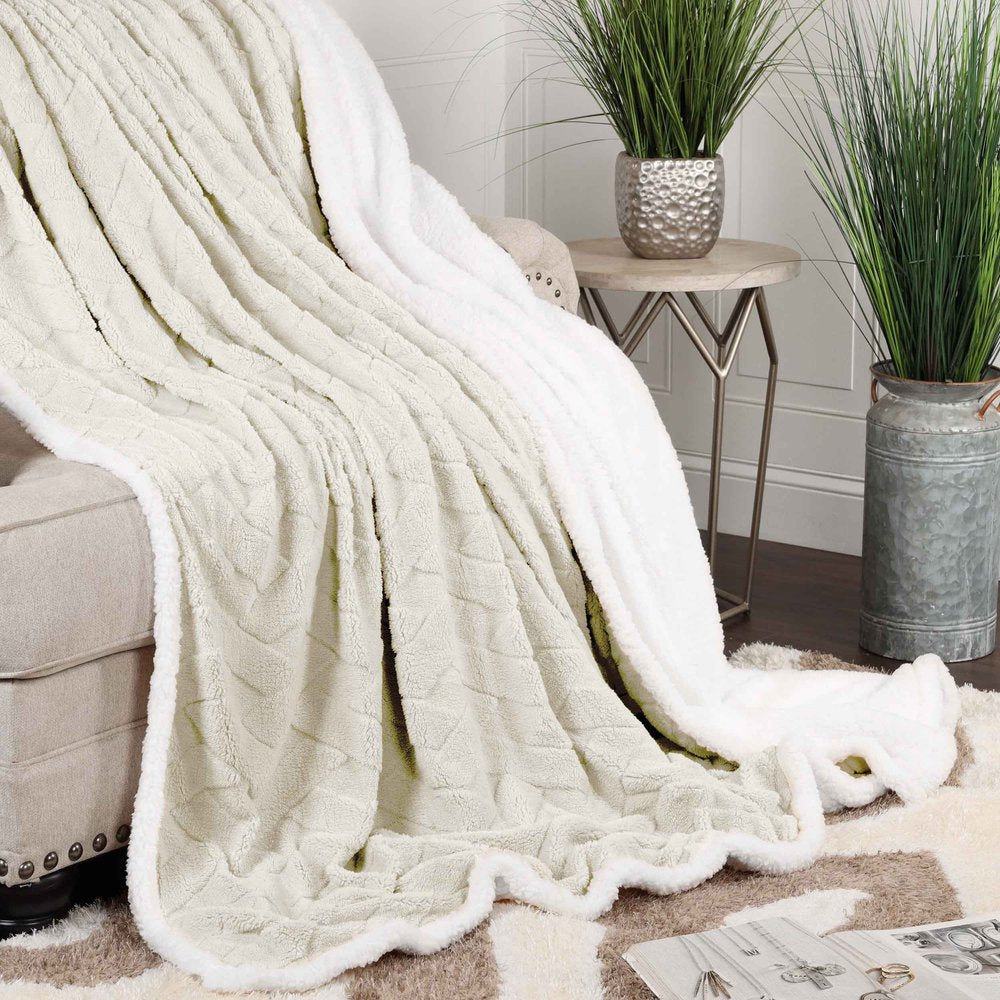 Twin Ivory Geometric Fleece Woven Plush Blanket