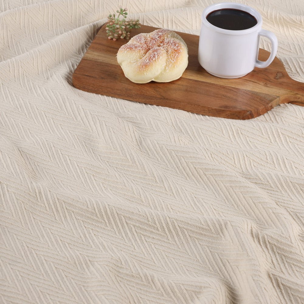 Twin Ivory Chevron Cotton Woven Blanket