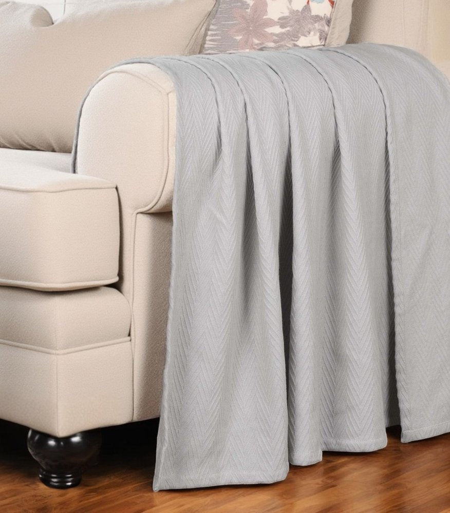 Twin Silver Cotton Woven Chevron Blanket