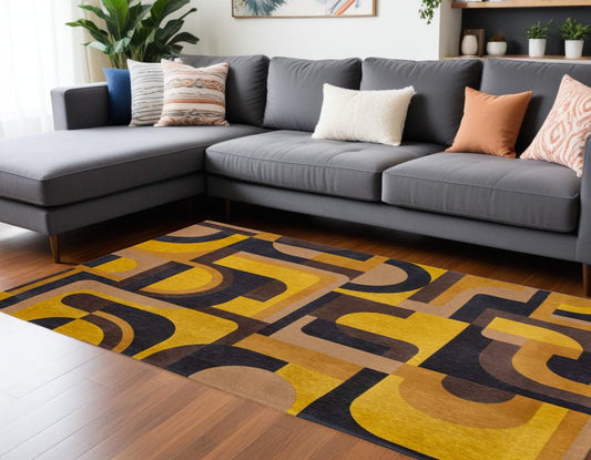 9' X 13' Yellow And Black Geometric Washable Area Rug