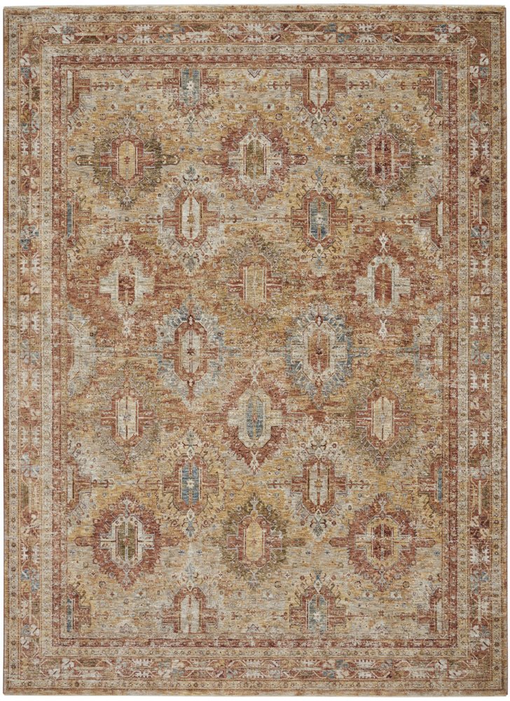 9' X 13' Rust Ivory And Blue Geometric Distressed Area Rug