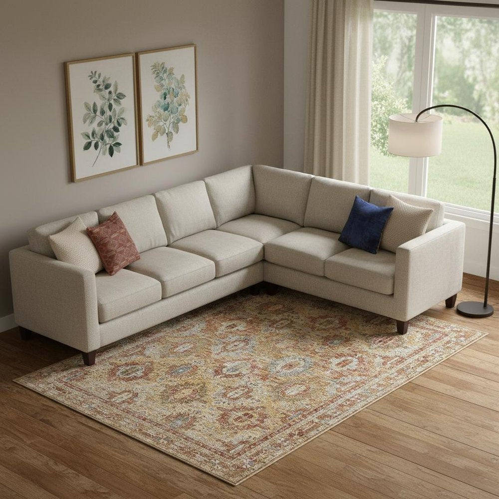 9' X 13' Rust Ivory And Blue Geometric Distressed Area Rug