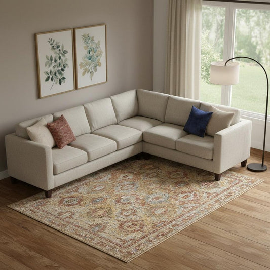 9' X 13' Rust Ivory And Blue Geometric Distressed Area Rug