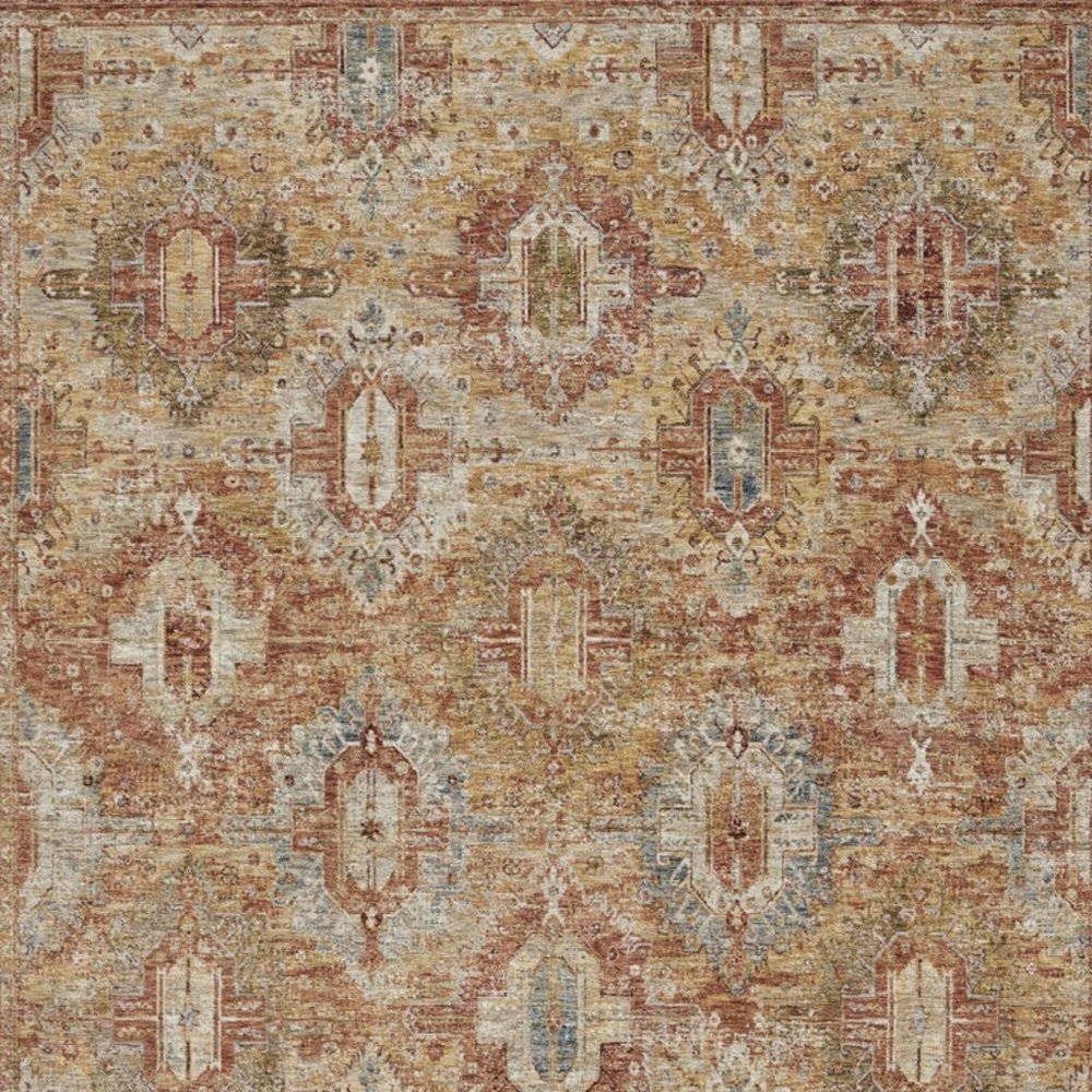 9' X 13' Rust Ivory And Blue Geometric Distressed Area Rug