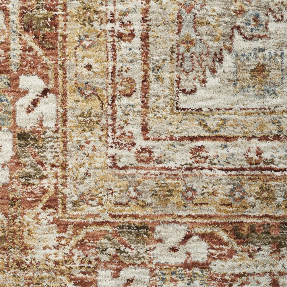 9' X 13' Rust Ivory And Blue Geometric Distressed Area Rug