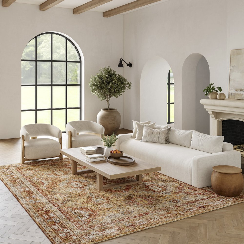 9' X 13' Rust Ivory And Blue Geometric Distressed Area Rug