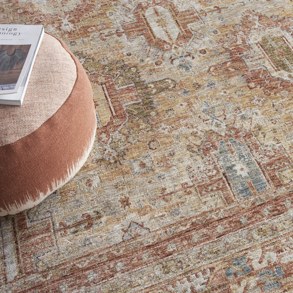 9' X 13' Rust Ivory And Blue Geometric Distressed Area Rug