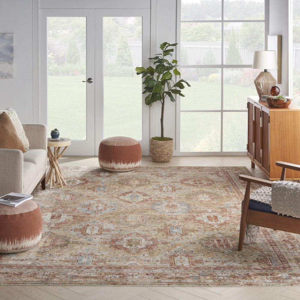 9' X 13' Rust Ivory And Blue Geometric Distressed Area Rug