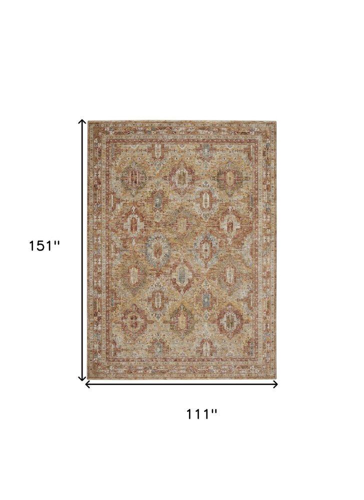 9' X 13' Rust Ivory And Blue Geometric Distressed Area Rug