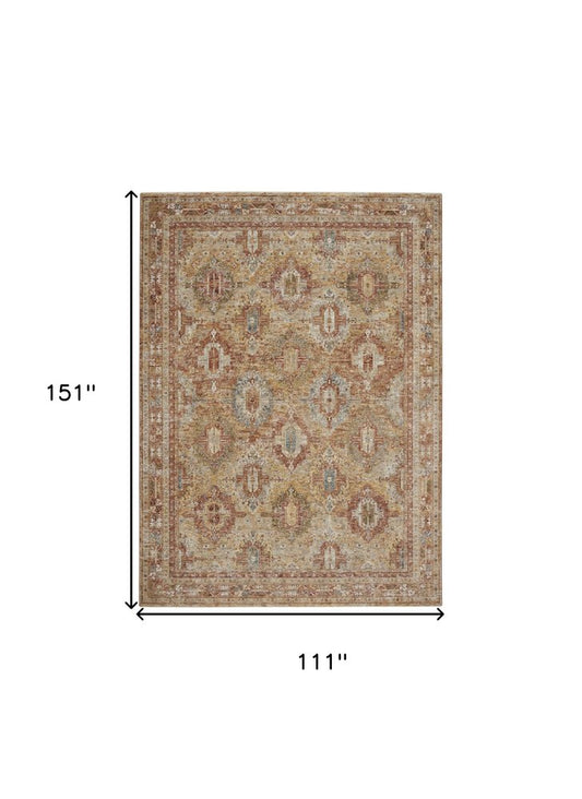 9' X 13' Rust Ivory And Blue Geometric Distressed Area Rug
